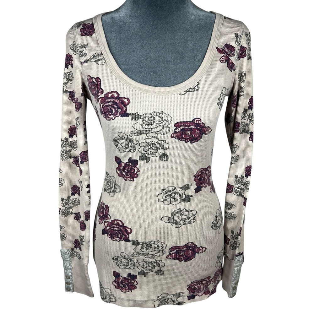 Y2K Waffle Knit Thermal Top Small Cream Rose Lace Coquette Fairygoth Grunge